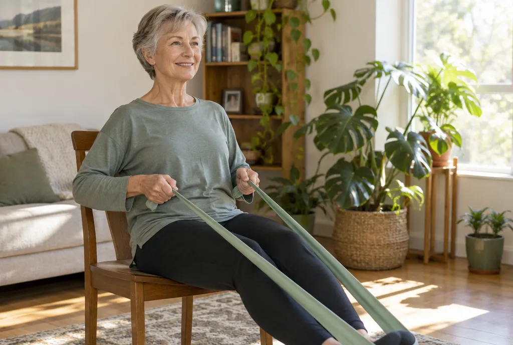 Woman doing a seated resistance band exercise at home