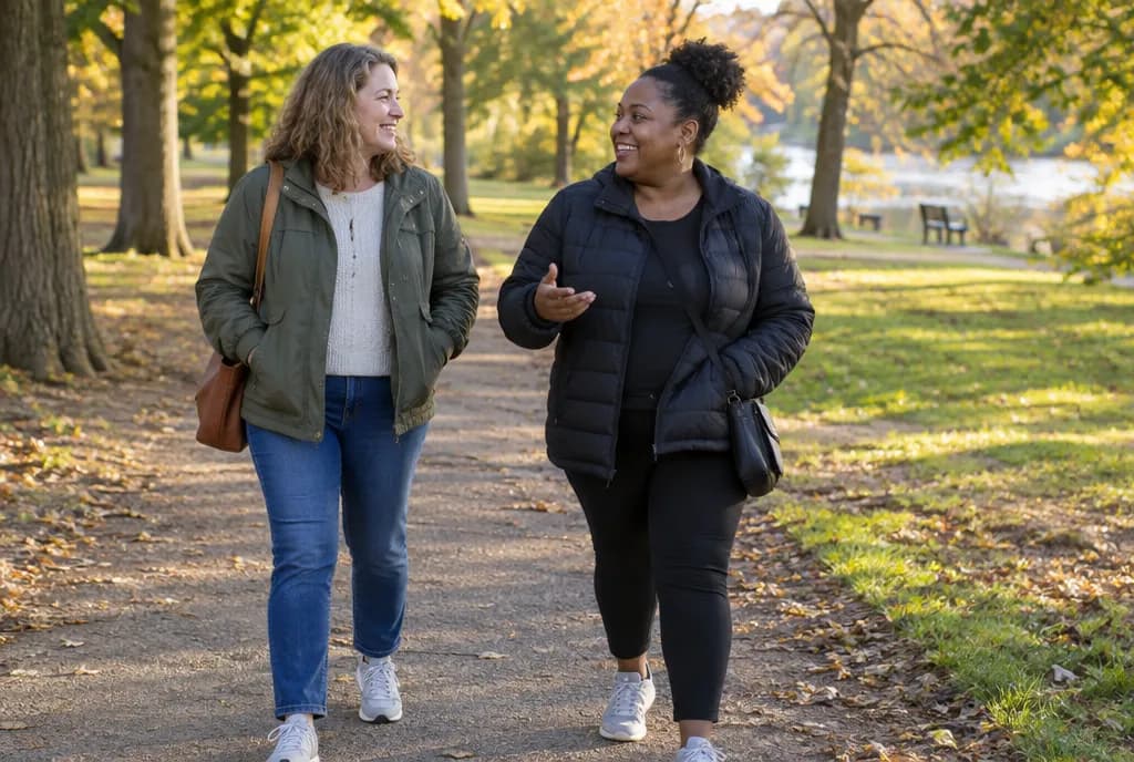 Two friends walking in a park
