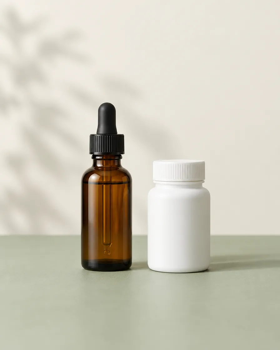 Unlabeled dropper bottle and tablet bottle