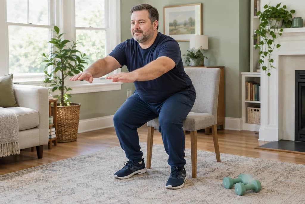 Man doing a chair squat exercise in his living room