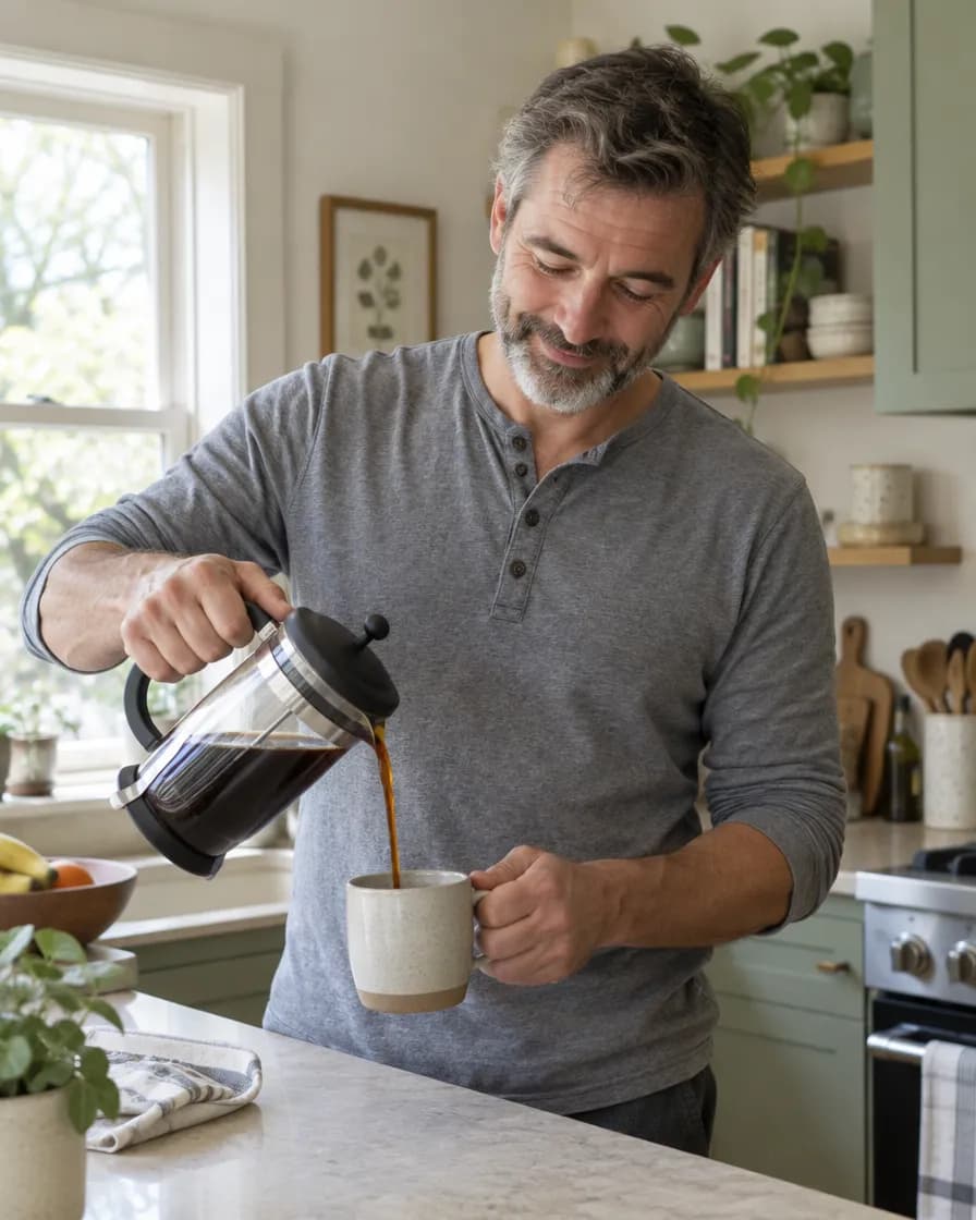 Man pouring coffee in a bright kitchen