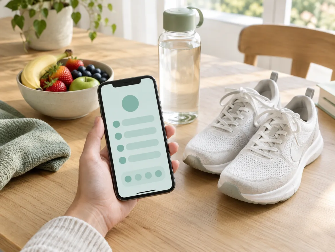 Phone, walking shoes and water bottle on a kitchen table