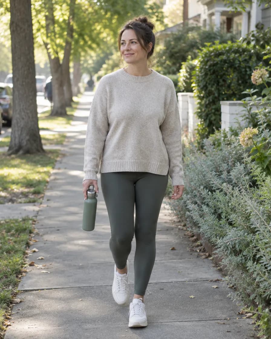 Woman walking on a tree-lined street in the morning