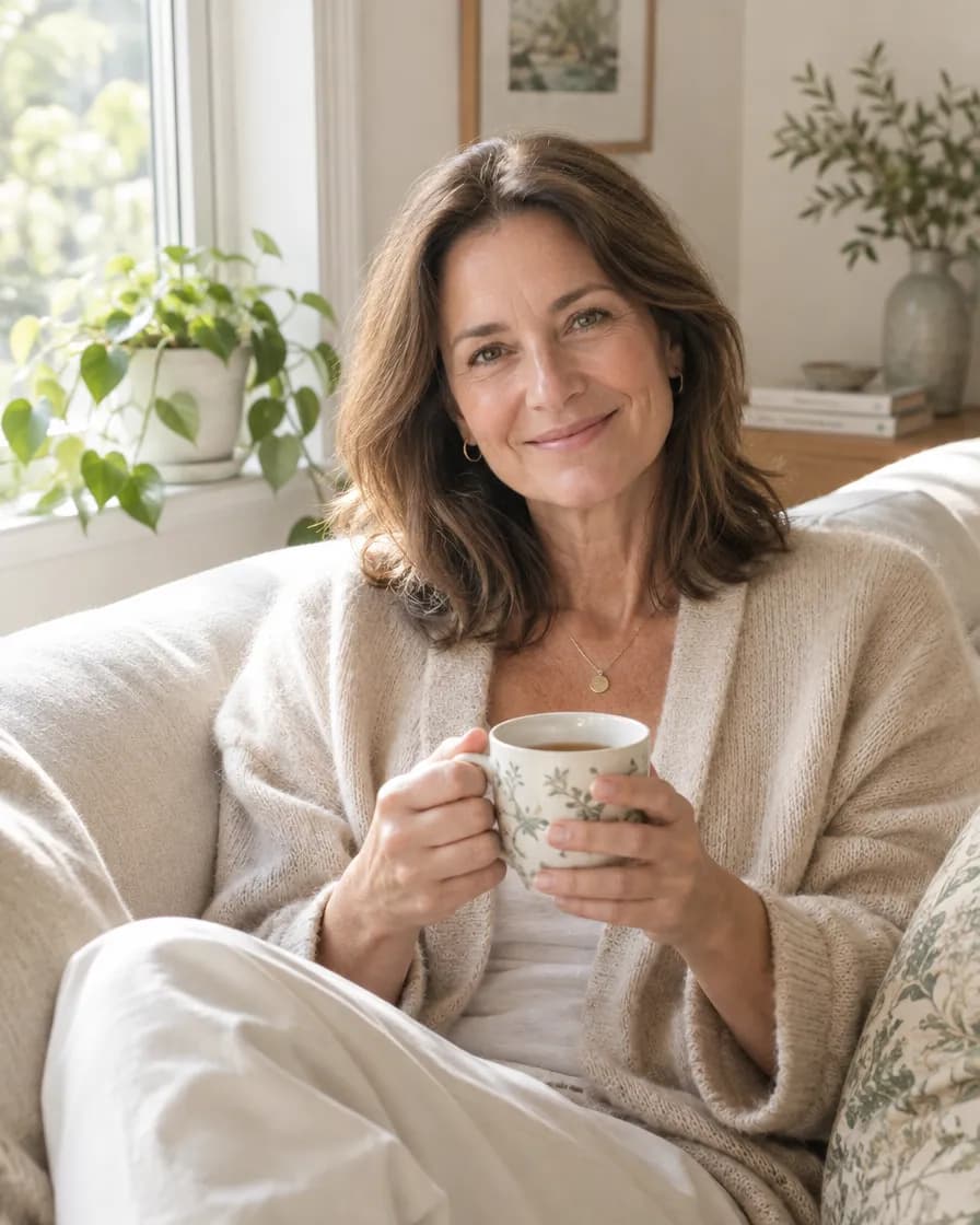 Woman relaxing on a sofa with a cup of tea